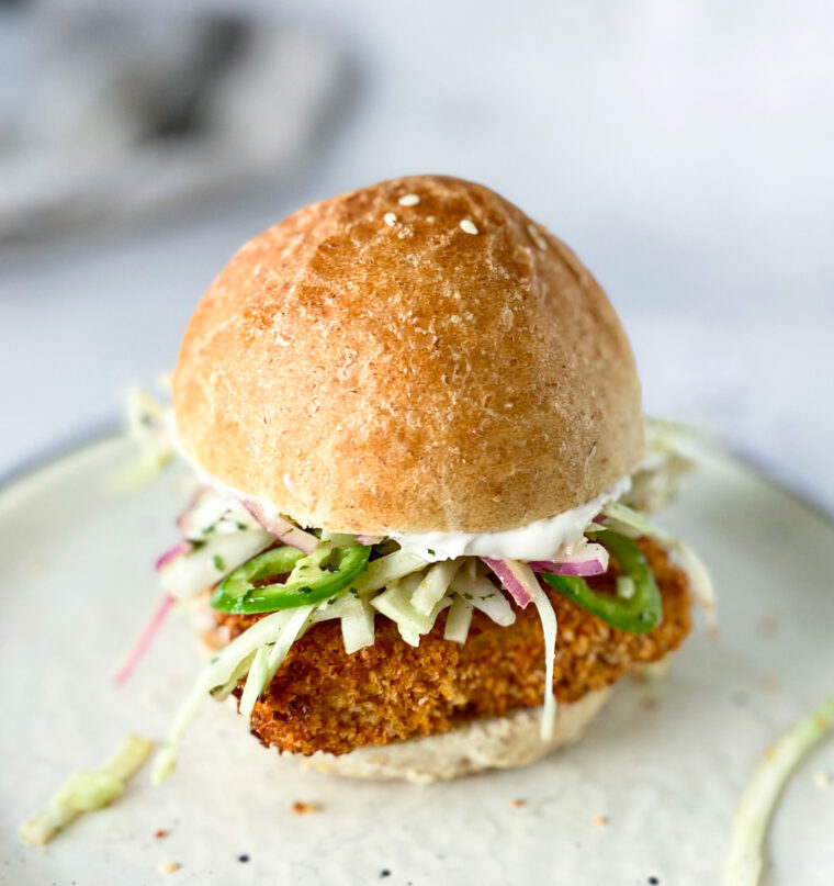 Crispy Baked Tofu Sandwiches with Jalapeño Slaw