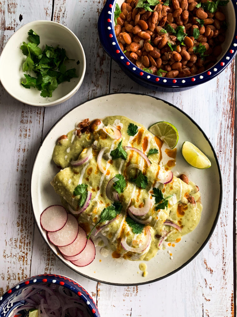 Vegan Enchiladas Verdes with Roasted Tomatillo Salsa and Pinto Beans 
