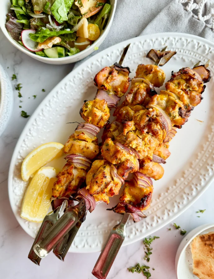 Saffron Chicken Skewers with Herb Yogurt Sauce