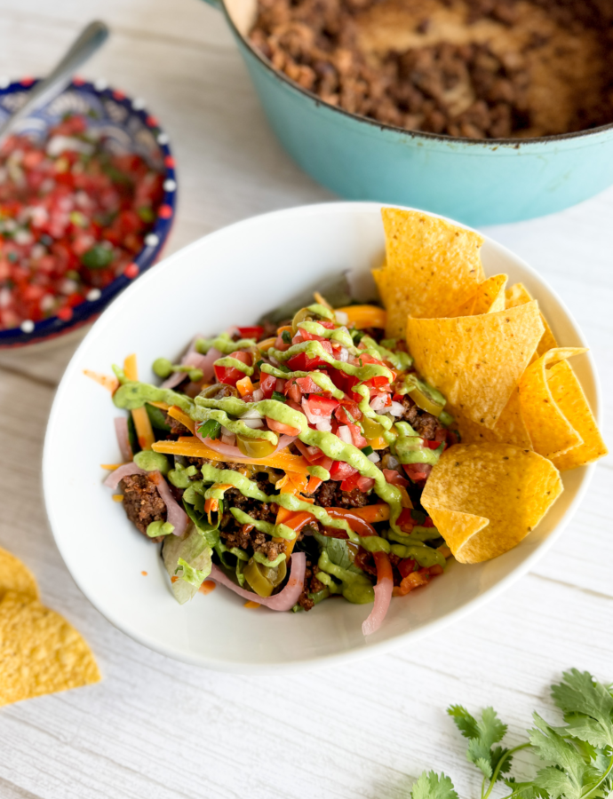 Beef Taco Salad Bowls with Avocado Crema
